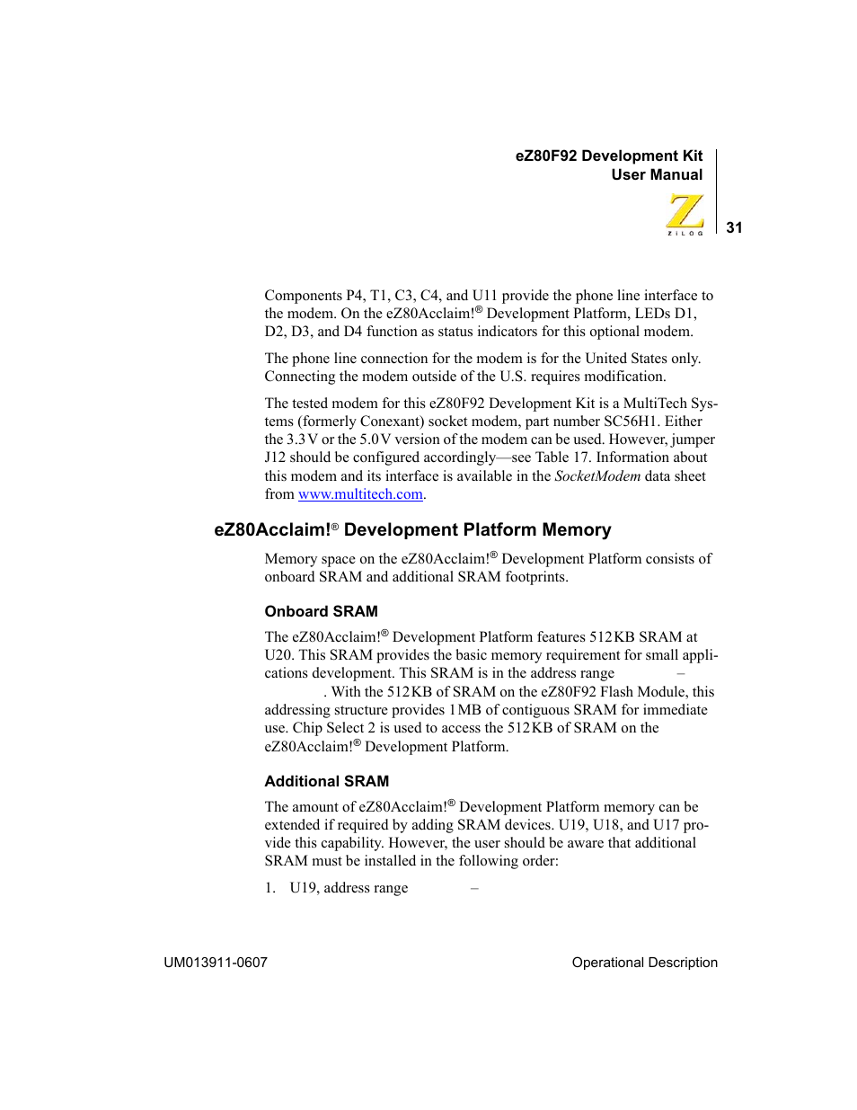 Ez80acclaim!® development platform memory, Ez80acclaim | Zilog eZ80F92 User Manual | Page 35 / 87