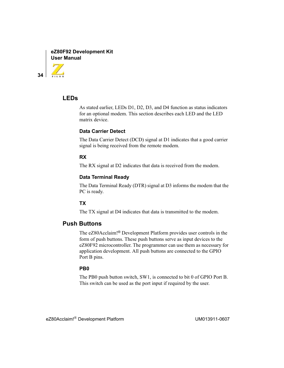 Leds, Push buttons, Leds push buttons | Zilog eZ80F92 User Manual | Page 38 / 87