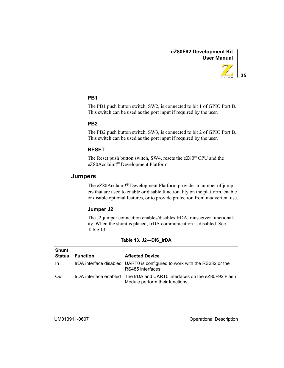 Jumpers | Zilog eZ80F92 User Manual | Page 39 / 87