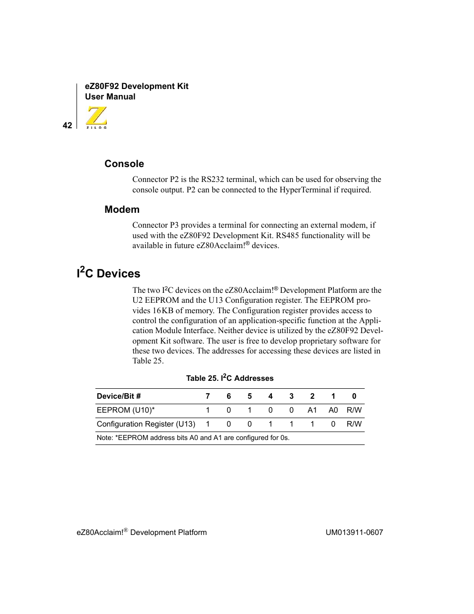 Console, Modem, I2c devices | Console modem, C devices | Zilog eZ80F92 User Manual | Page 46 / 87