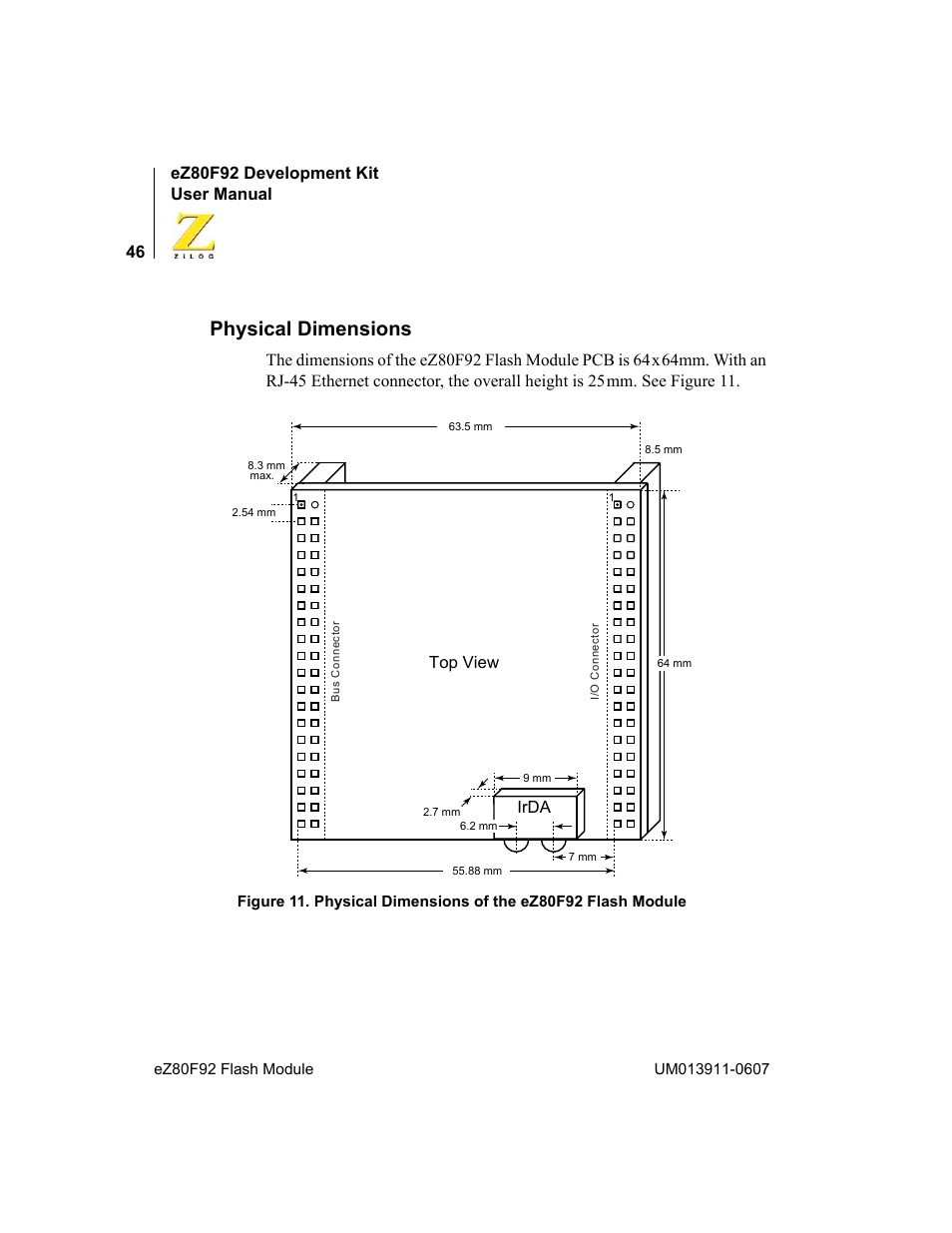 Physical dimensions, Ez80f92 development kit user manual | Zilog eZ80F92 User Manual | Page 50 / 87