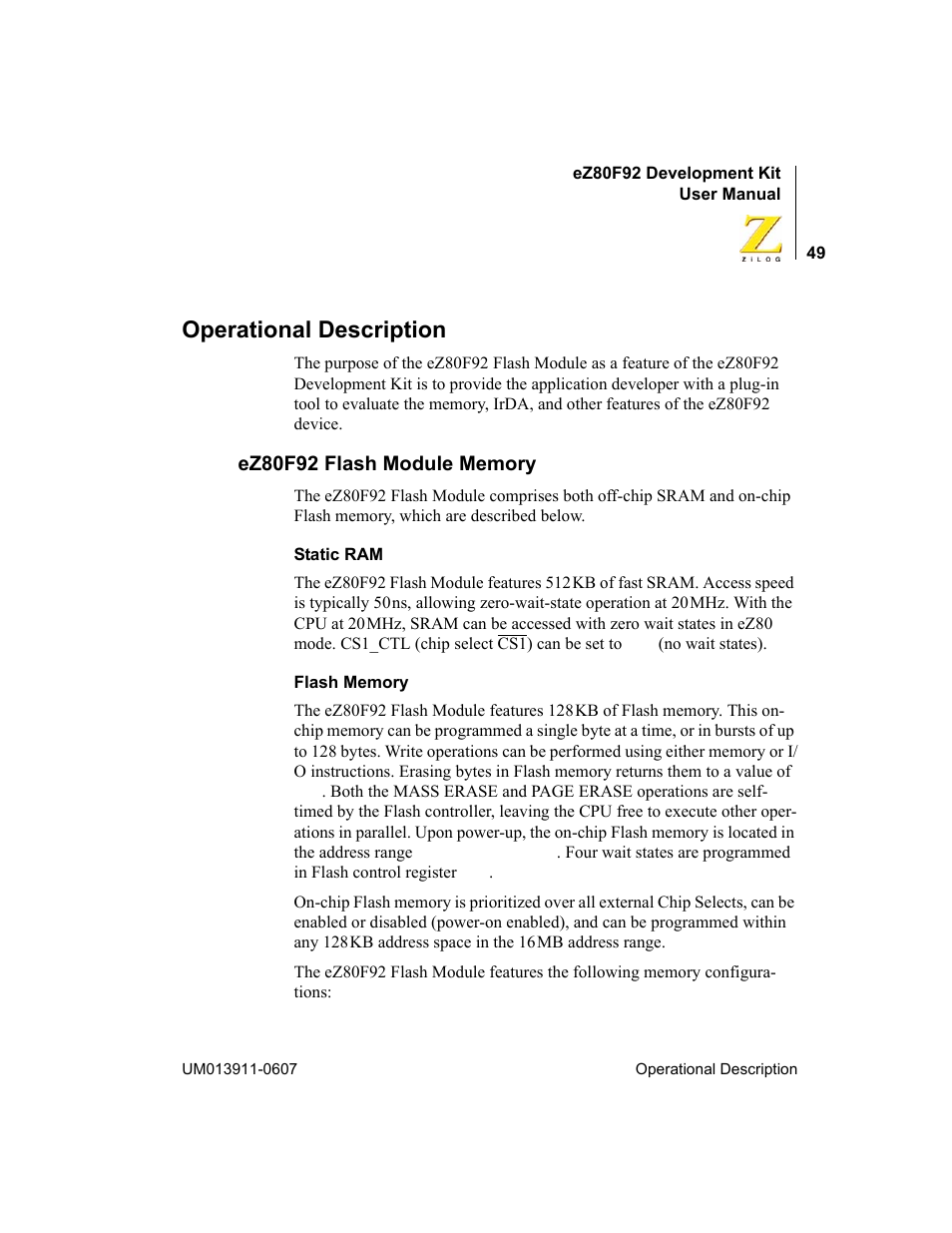 Operational description, Ez80f92 flash module memory | Zilog eZ80F92 User Manual | Page 53 / 87