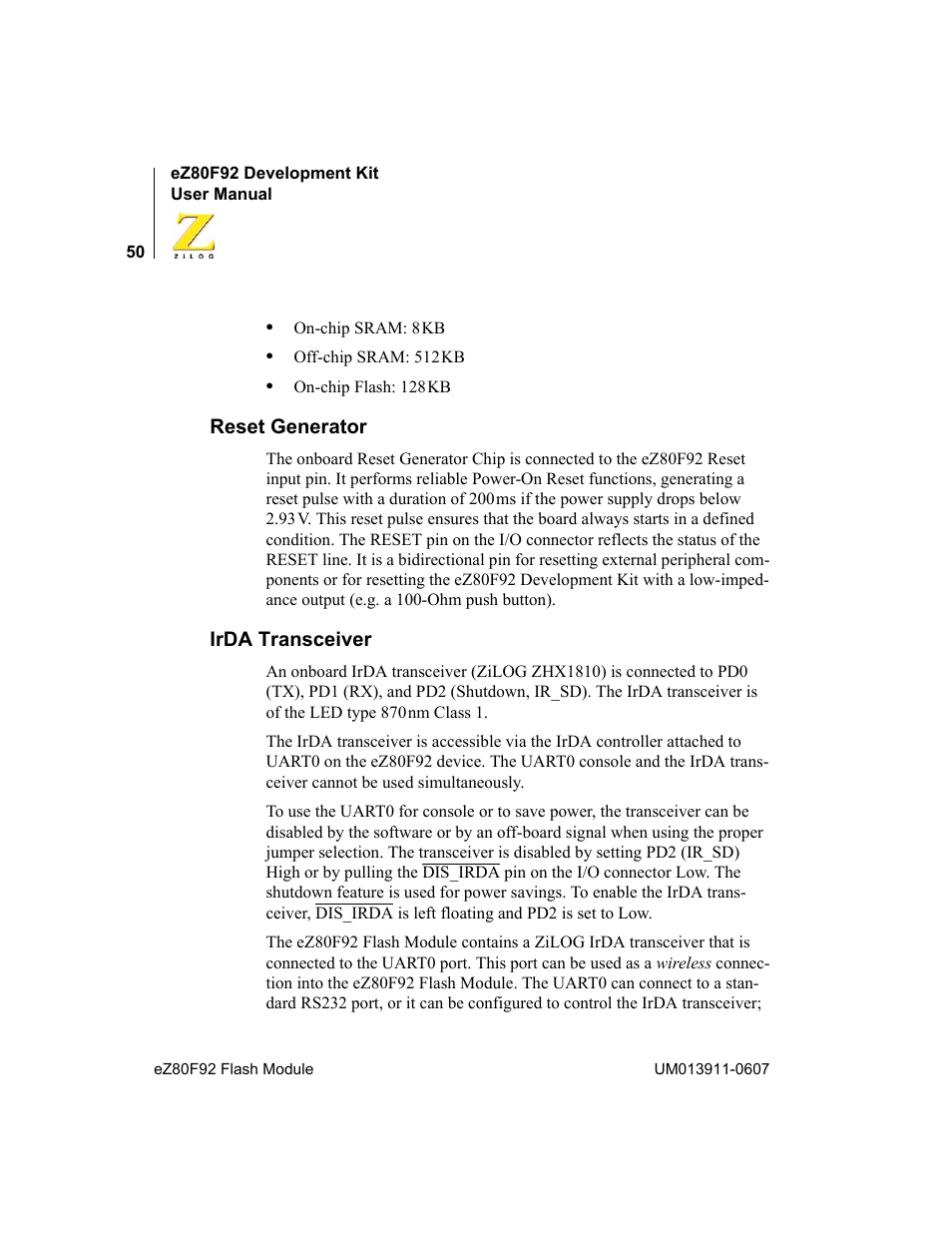 Reset generator, Irda transceiver, Reset generator irda transceiver | Zilog eZ80F92 User Manual | Page 54 / 87