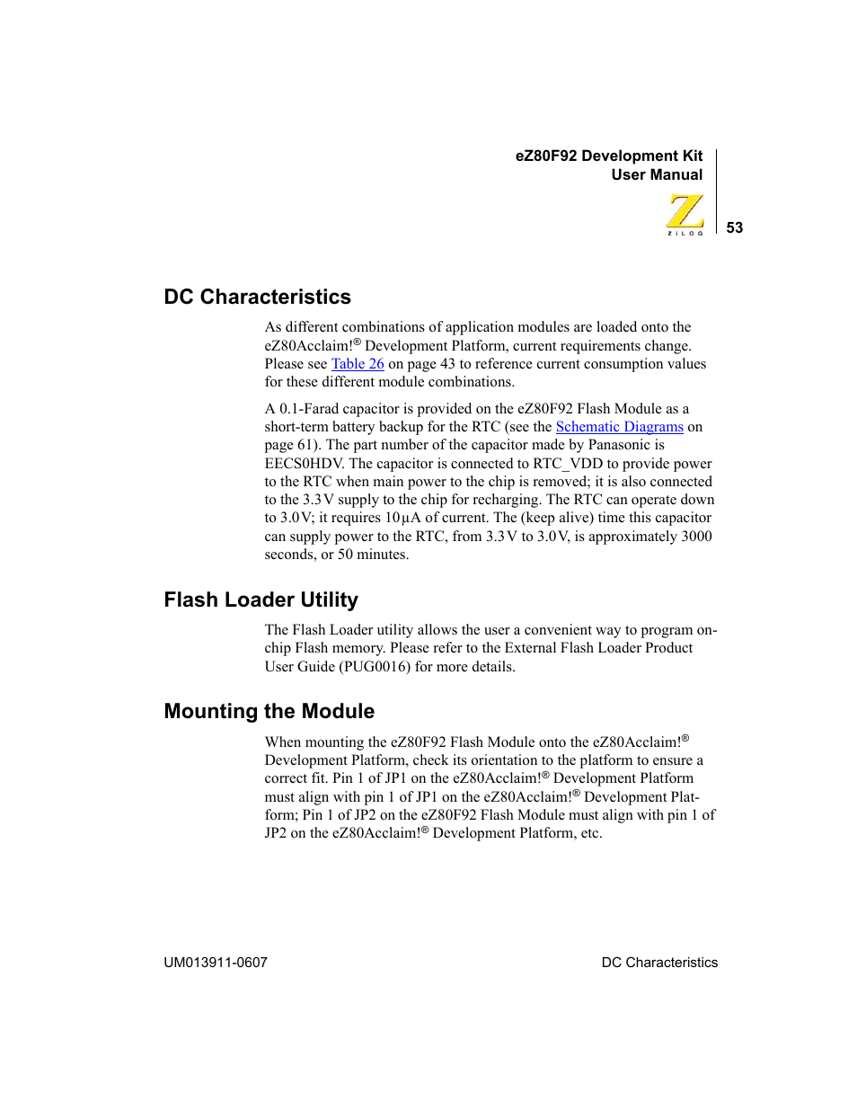 Dc characteristics, Flash loader utility, Mounting the module | Zilog eZ80F92 User Manual | Page 57 / 87