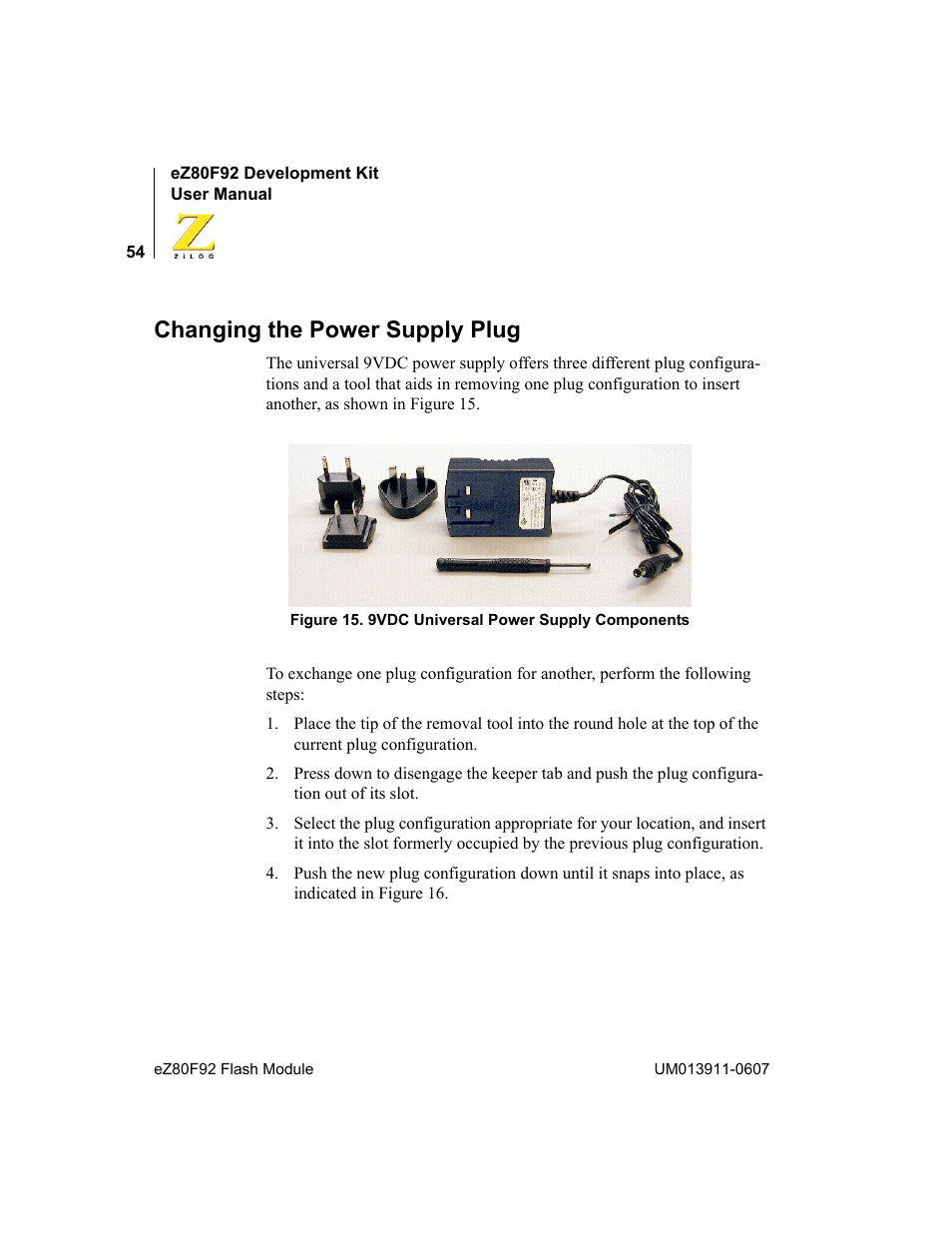 Changing the power supply plug | Zilog eZ80F92 User Manual | Page 58 / 87