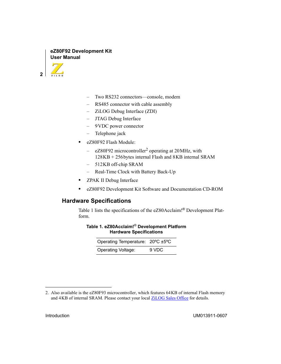 Hardware specifications | Zilog eZ80F92 User Manual | Page 6 / 87