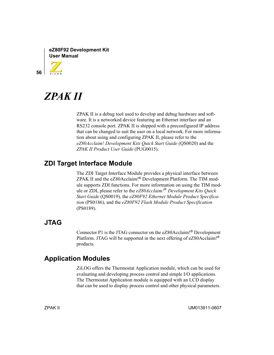 Zpak ii, Zdi target interface module, Jtag | Application modules | Zilog eZ80F92 User Manual | Page 60 / 87