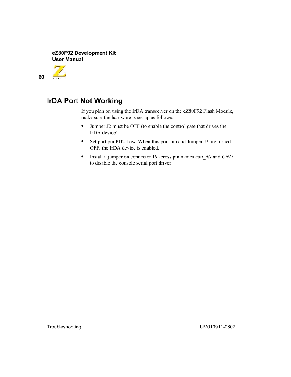 Irda port not working | Zilog eZ80F92 User Manual | Page 64 / 87