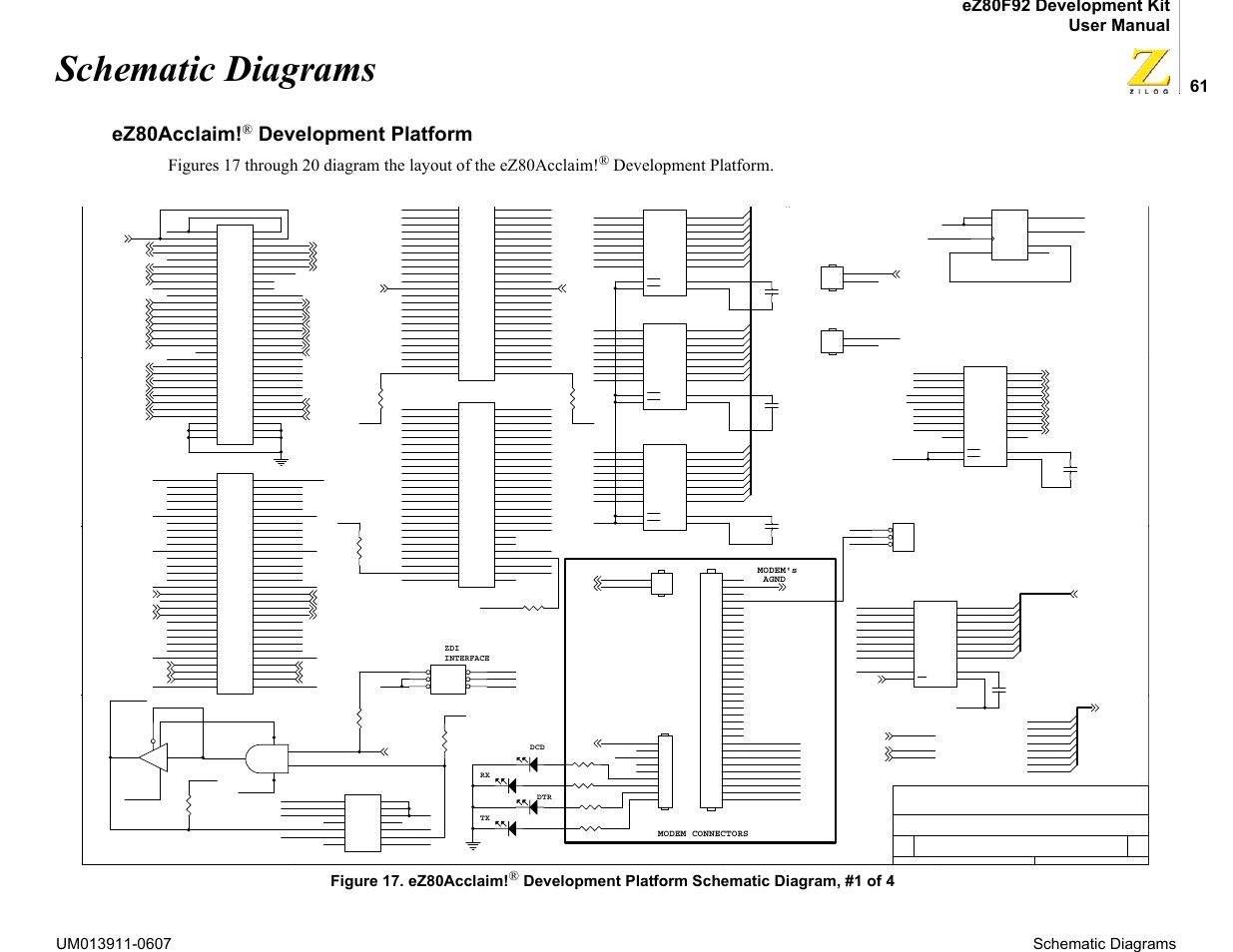 Schematic diagrams, Ez80acclaim!® development platform, Ez80acclaim | Development platform, Figure 17. ez80acclaim, Development platform schematic diagram, #1 of 4 | Zilog eZ80F92 User Manual | Page 65 / 87