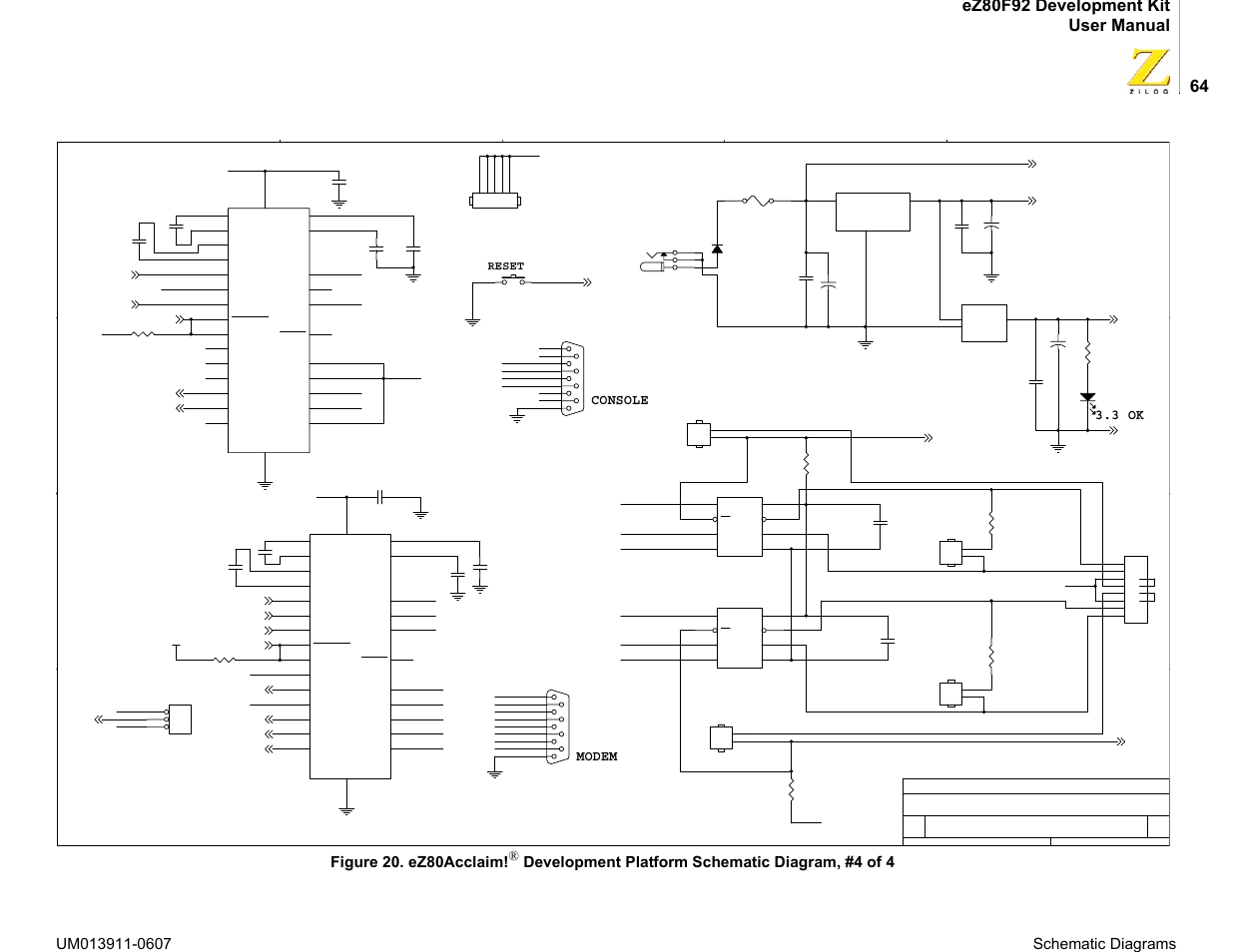 Figure 20. ez80acclaim, Development platform schematic diagram, #4 of 4, 3 ok modem console | Reset | Zilog eZ80F92 User Manual | Page 68 / 87