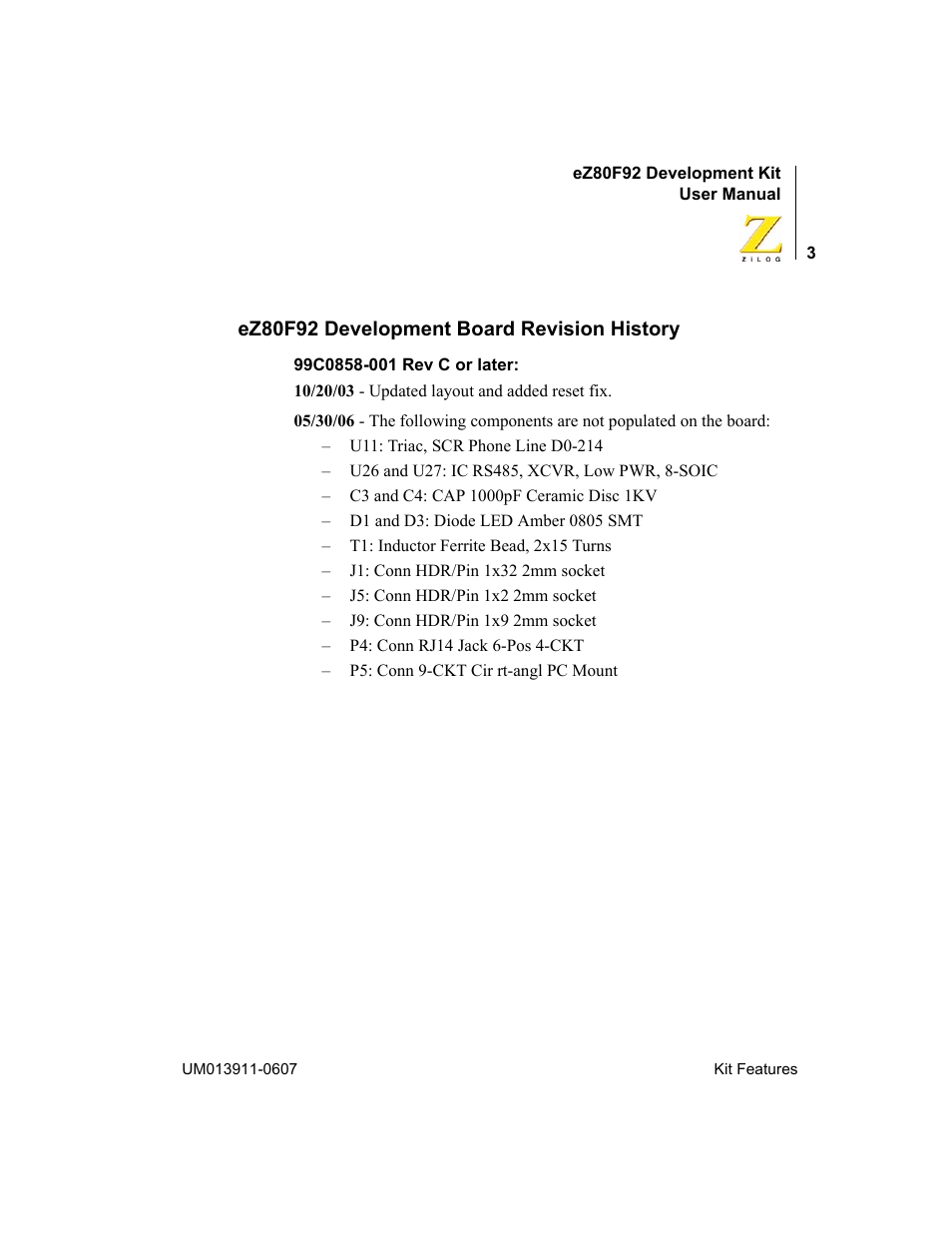 Ez80f92 development board revision history | Zilog eZ80F92 User Manual | Page 7 / 87