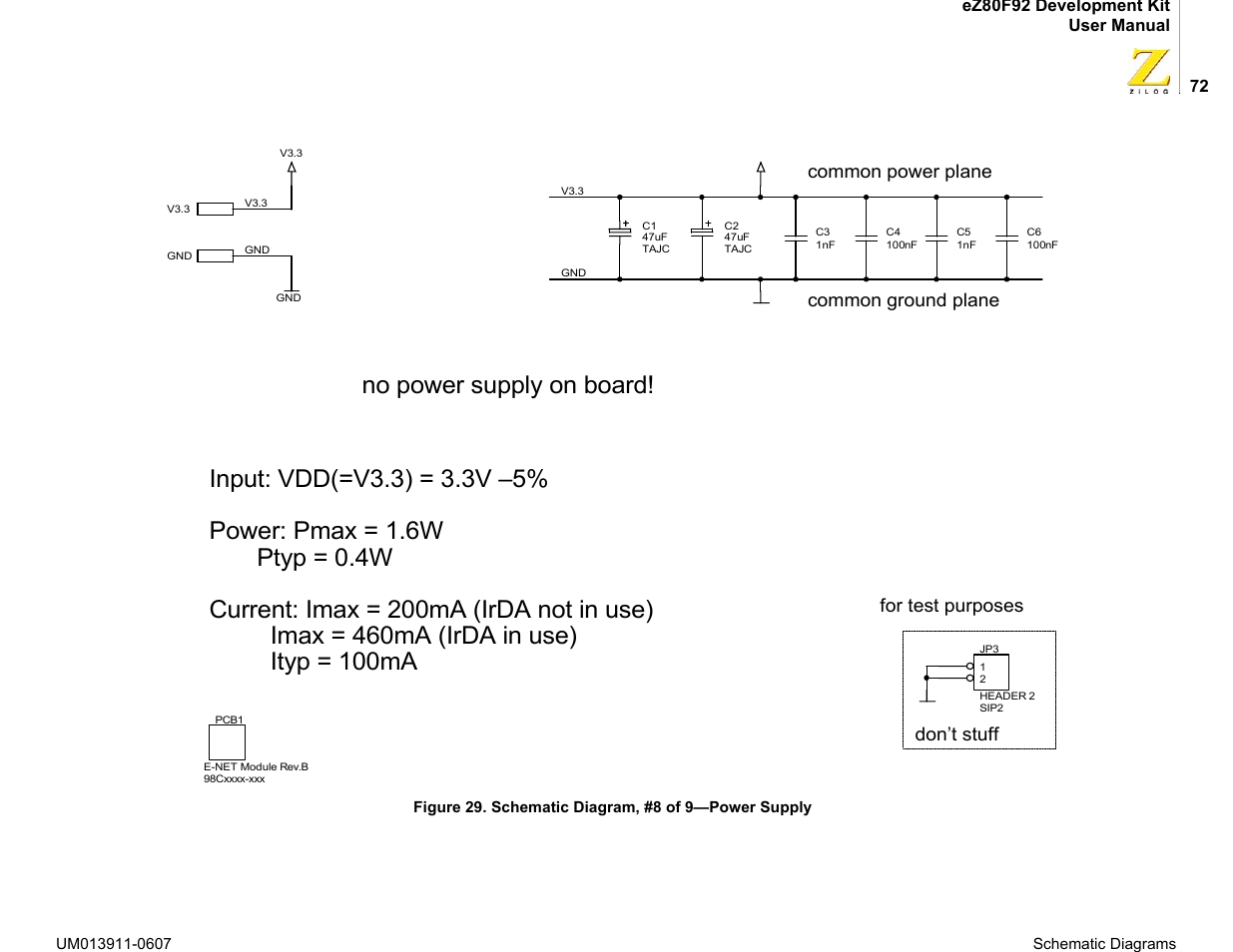 No power supply on board | Zilog eZ80F92 User Manual | Page 76 / 87