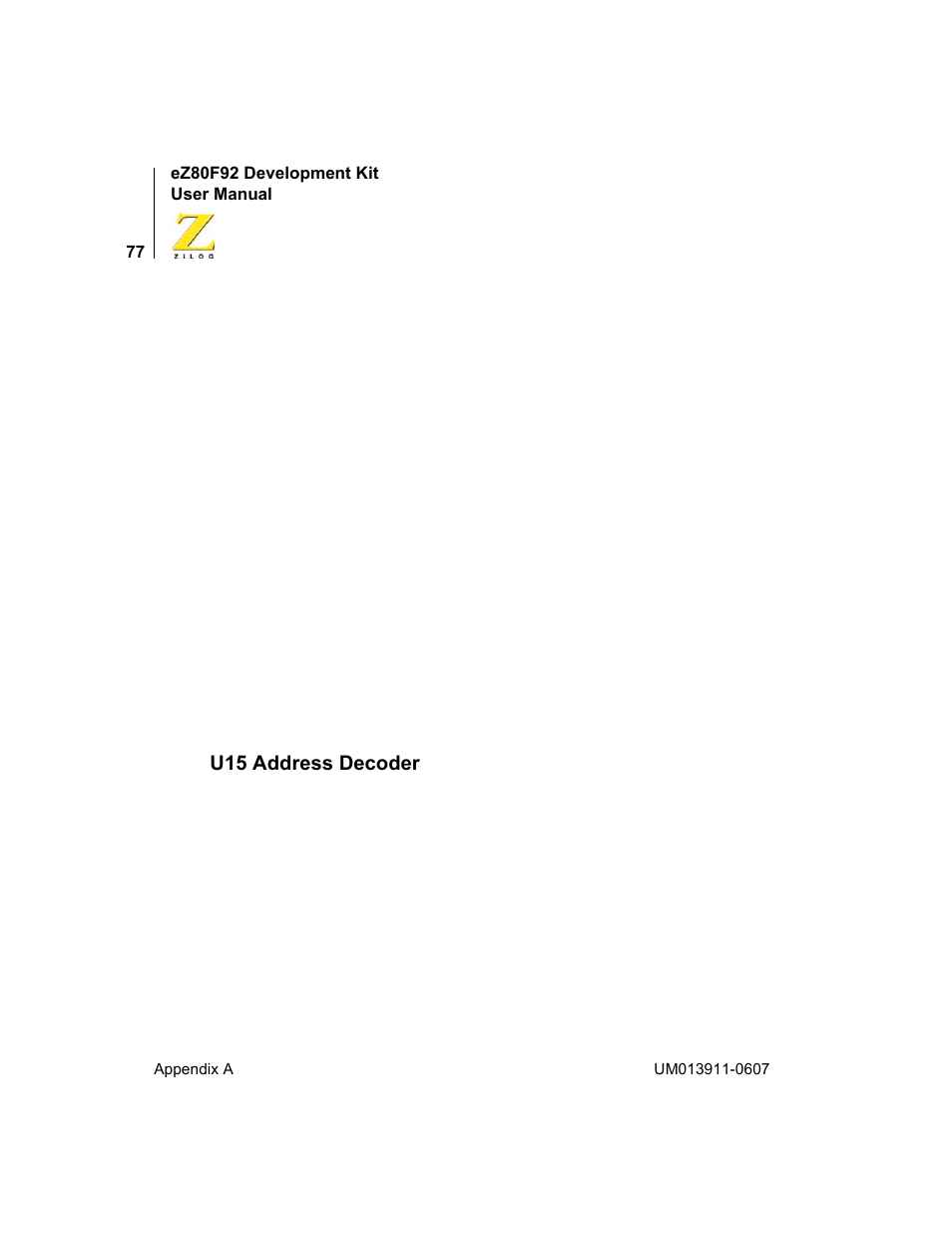 U15 address decoder | Zilog eZ80F92 User Manual | Page 81 / 87