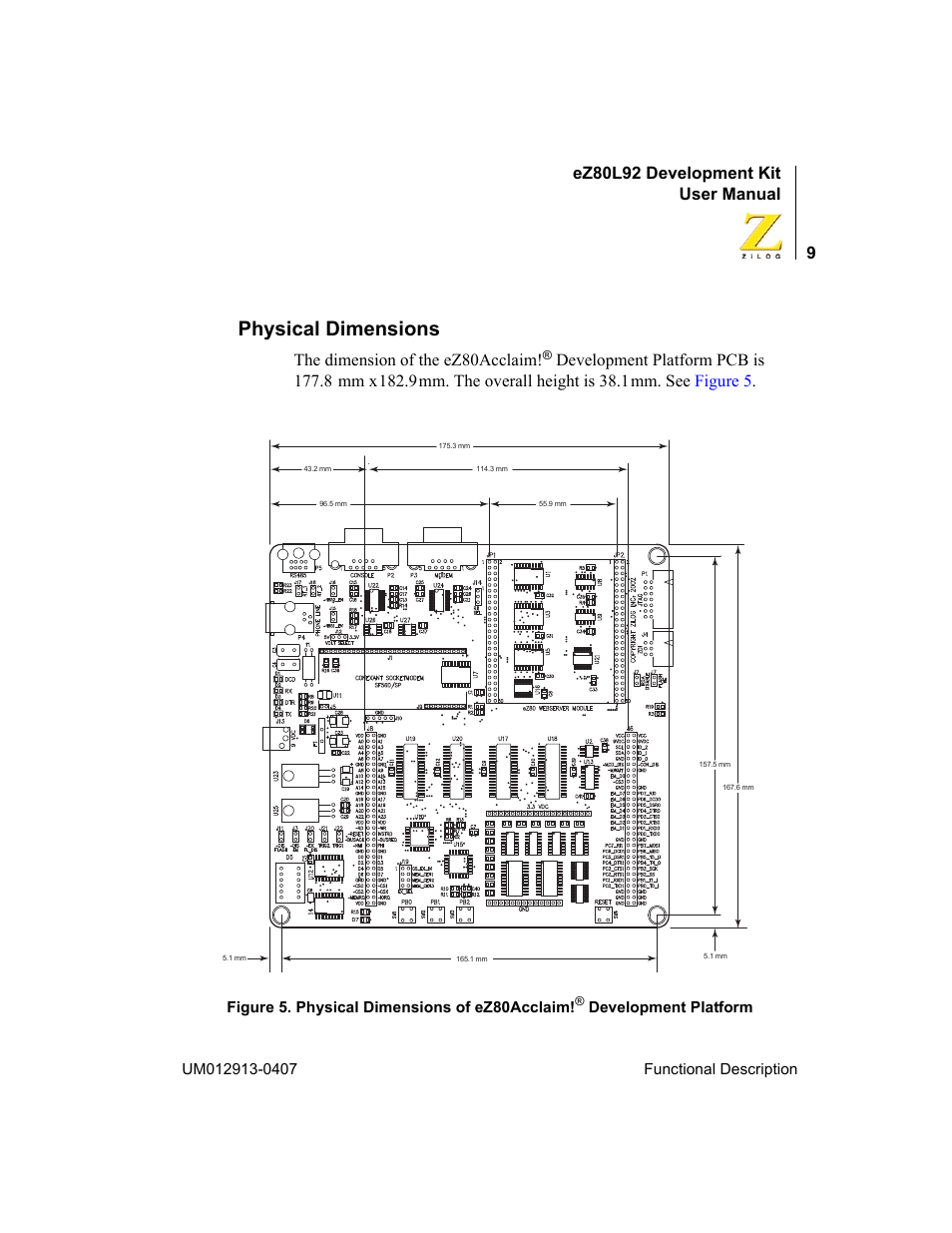 Physical dimensions, Ez80l92 development kit user manual, The dimension of the ez80acclaim | Zilog EZ80L92 User Manual | Page 13 / 86