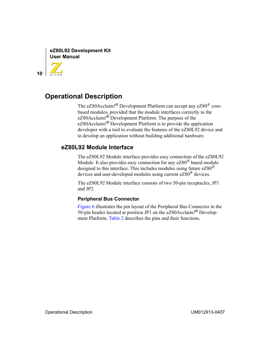 Operational description, Ez80l92 module interface | Zilog EZ80L92 User Manual | Page 14 / 86