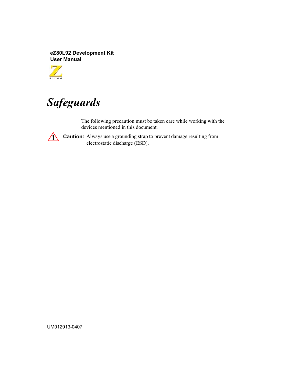 Safeguards | Zilog EZ80L92 User Manual | Page 2 / 86