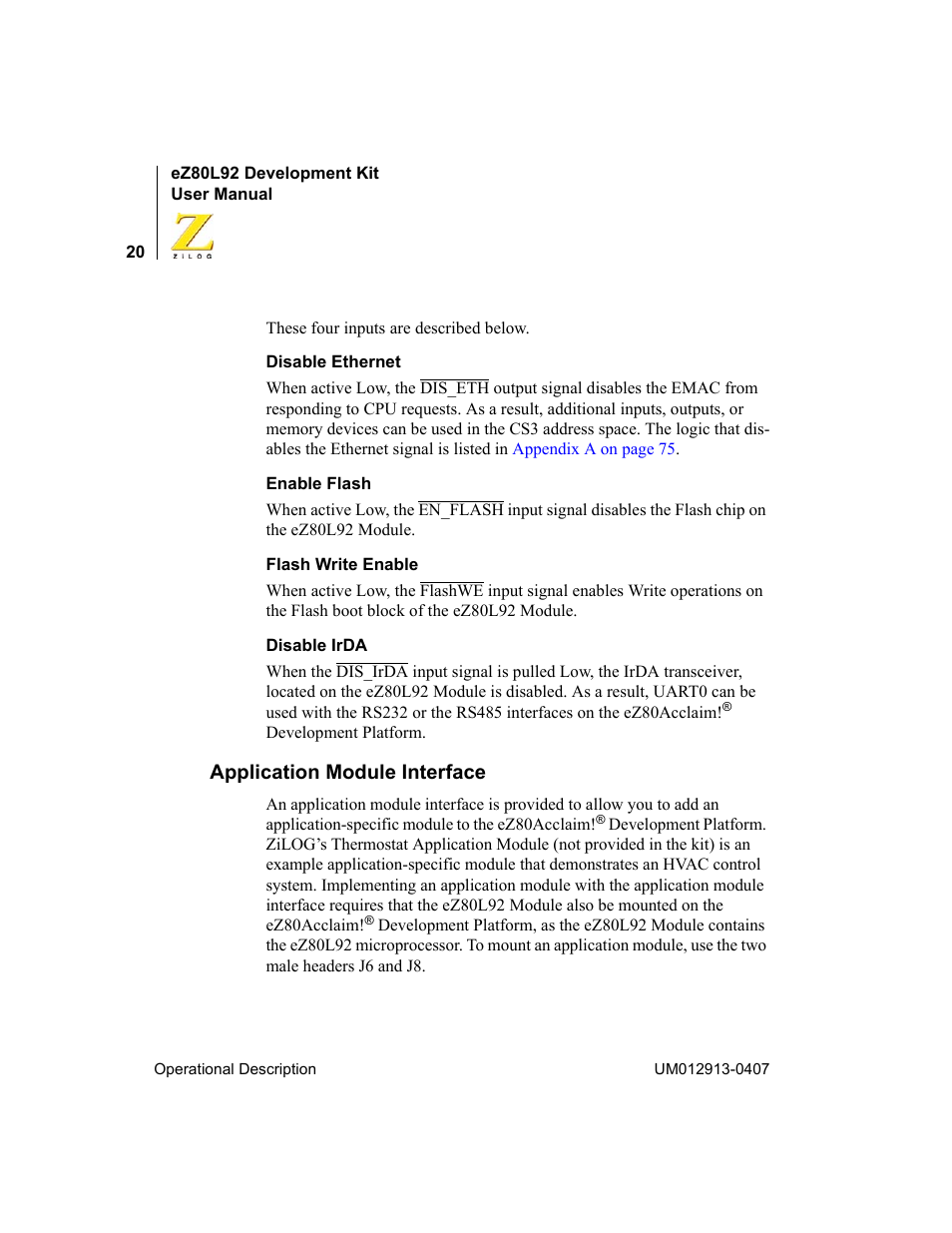 Application module interface | Zilog EZ80L92 User Manual | Page 24 / 86