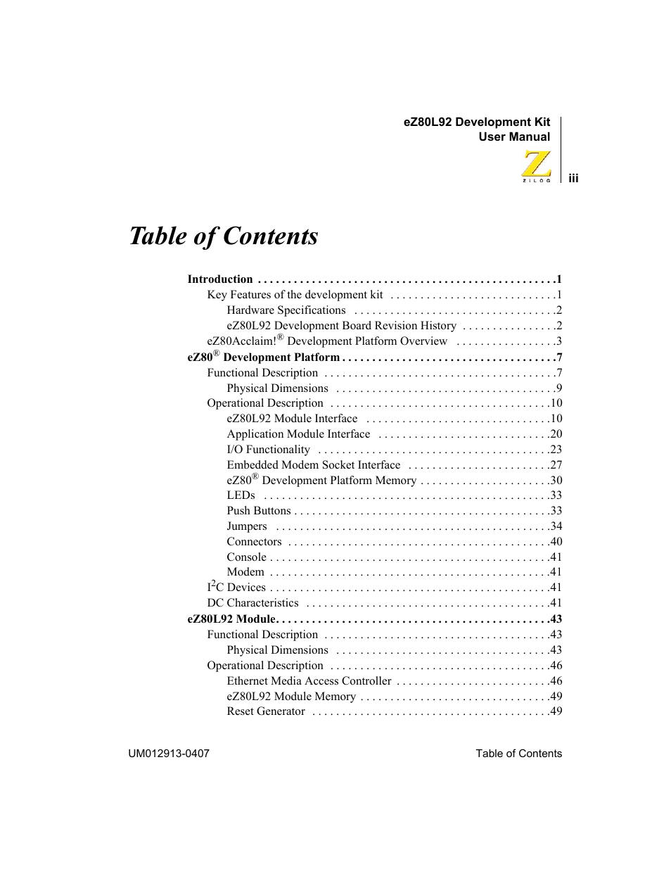 Zilog EZ80L92 User Manual | Page 3 / 86