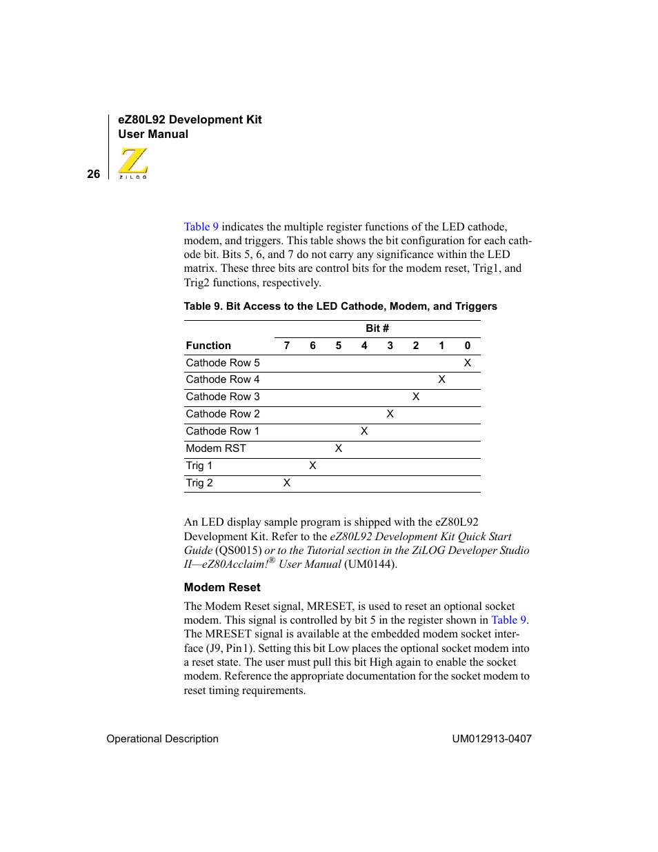 Table 9 | Zilog EZ80L92 User Manual | Page 30 / 86