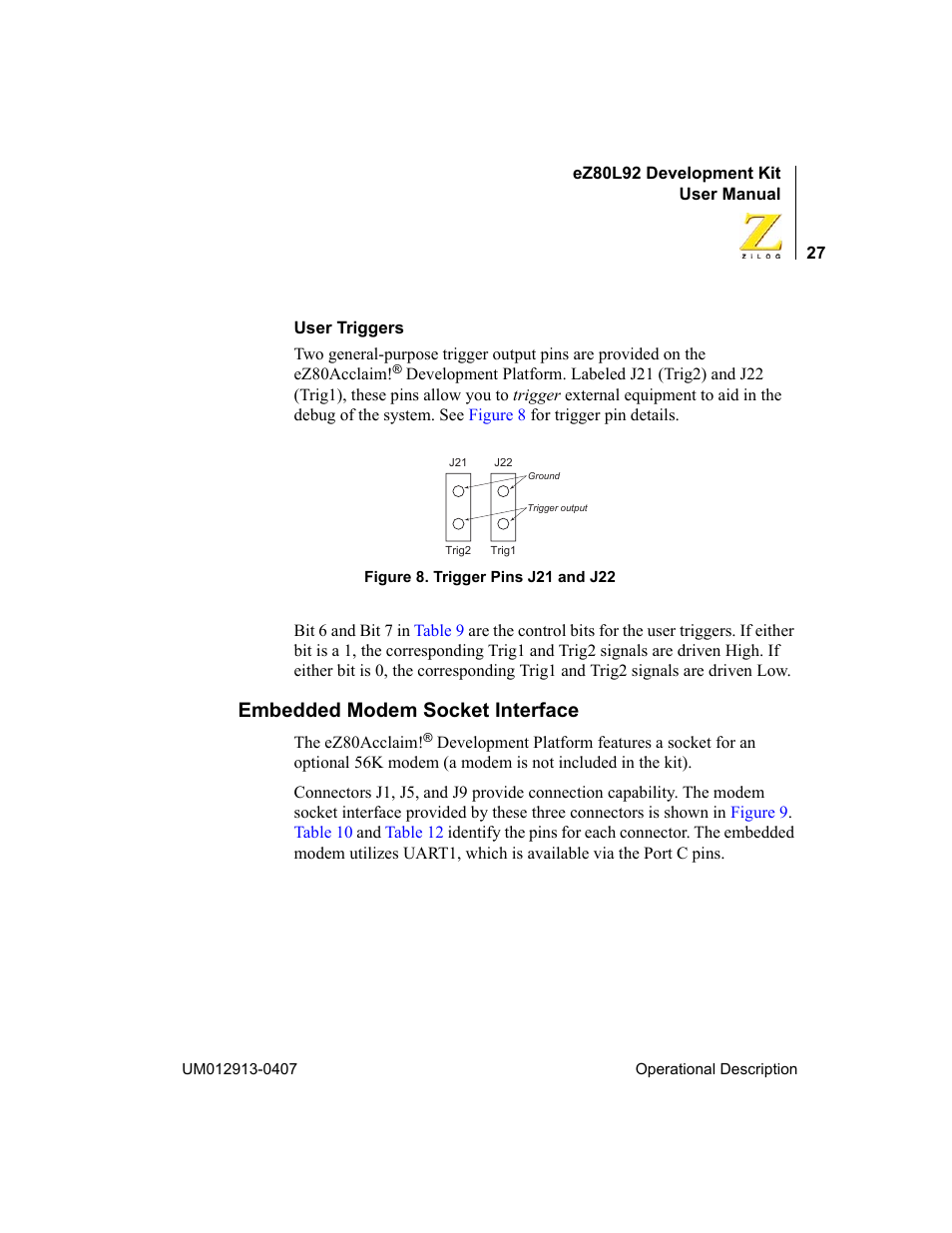 Embedded modem socket interface | Zilog EZ80L92 User Manual | Page 31 / 86