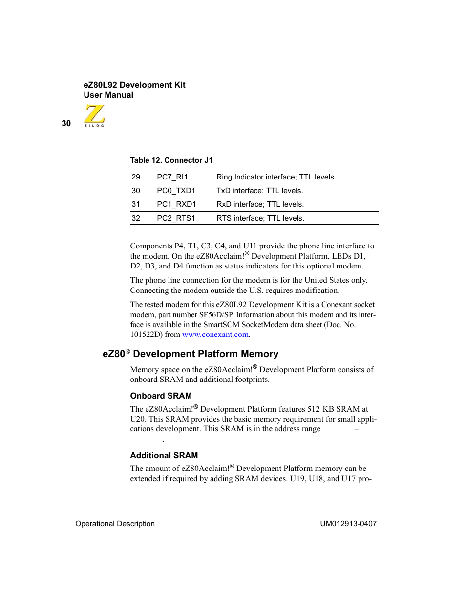 Ez80® development platform memory, Ez80 | Zilog EZ80L92 User Manual | Page 34 / 86