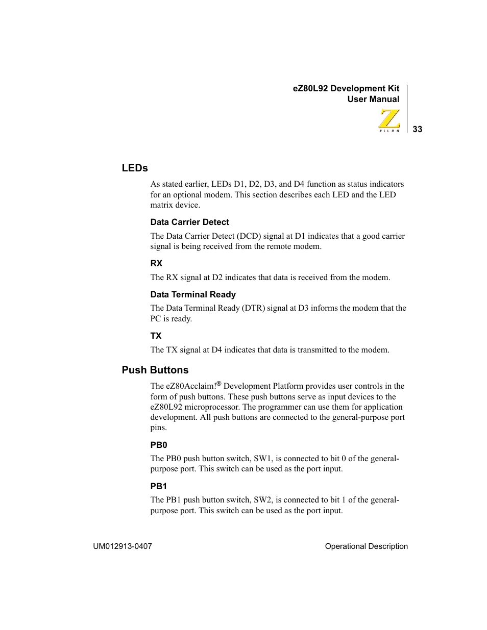 Leds, Push buttons, Leds push buttons | Zilog EZ80L92 User Manual | Page 37 / 86