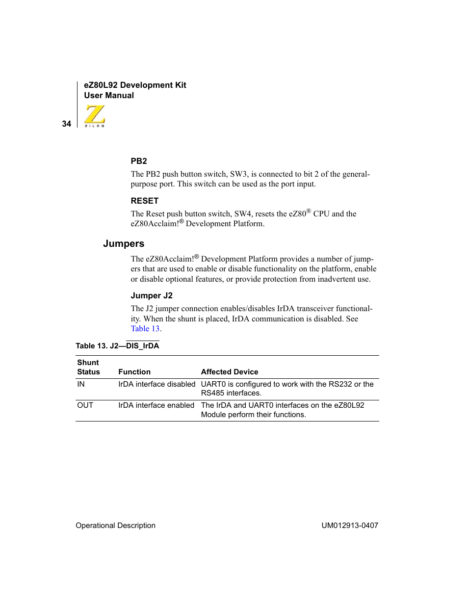 Jumpers | Zilog EZ80L92 User Manual | Page 38 / 86