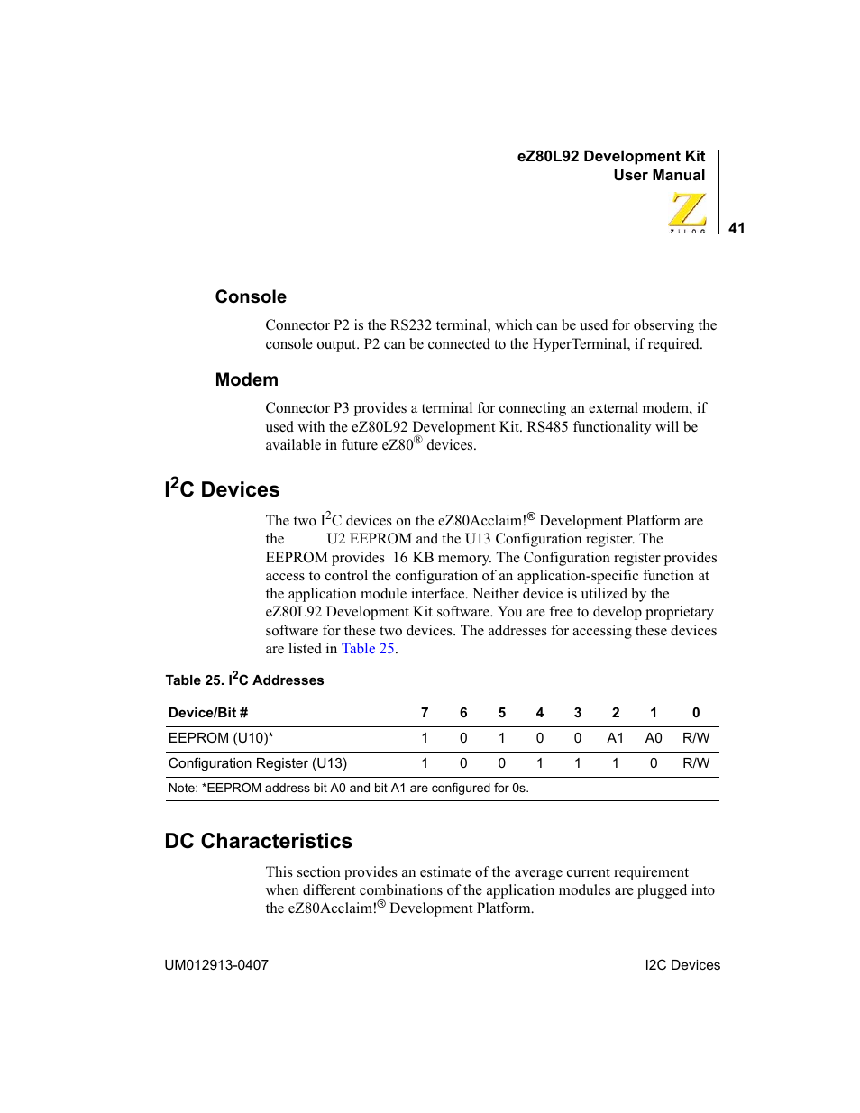 Console, Modem, I2c devices | Dc characteristics, Console modem, C devices | Zilog EZ80L92 User Manual | Page 45 / 86