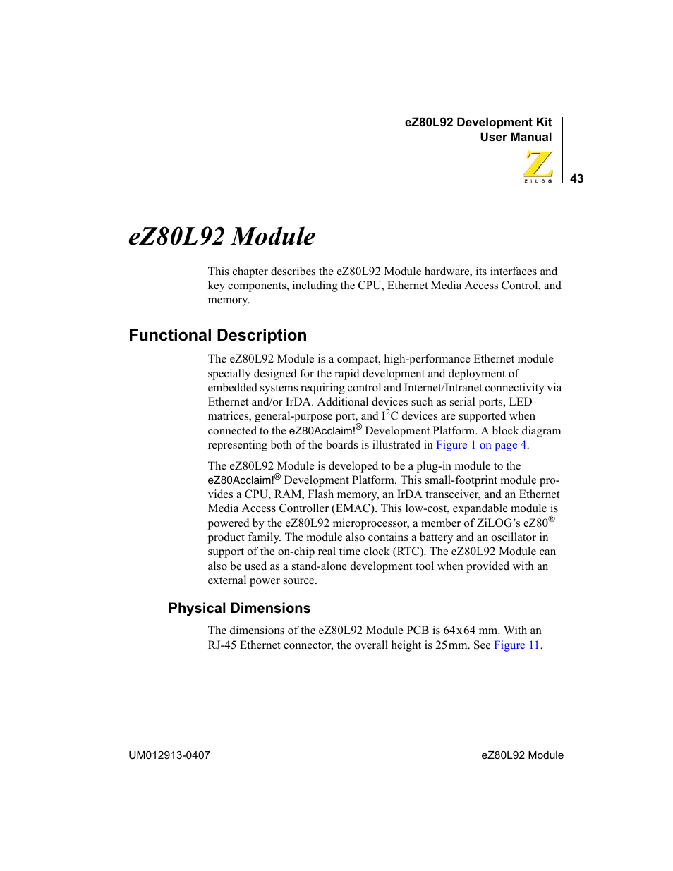 Ez80l92 module, Functional description, Physical dimensions | Zilog EZ80L92 User Manual | Page 47 / 86