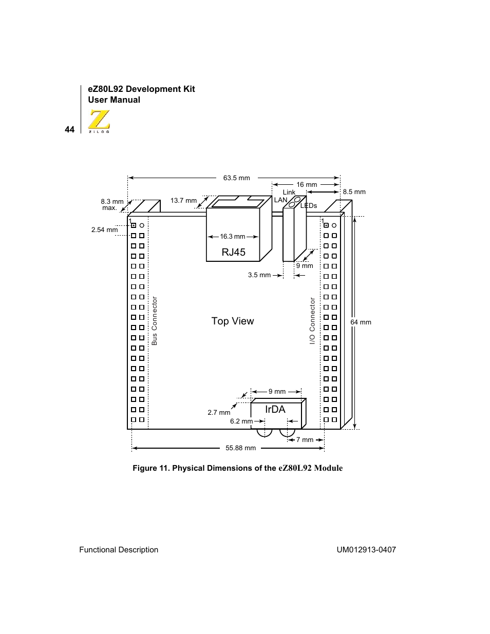 Figure 11, Rj45 top view, Irda | Zilog EZ80L92 User Manual | Page 48 / 86