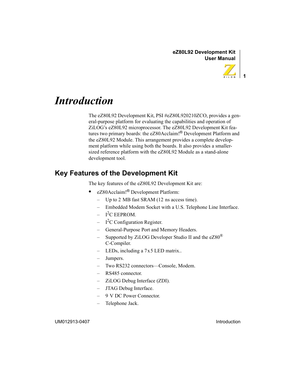 Introduction, Key features of the development kit | Zilog EZ80L92 User Manual | Page 5 / 86