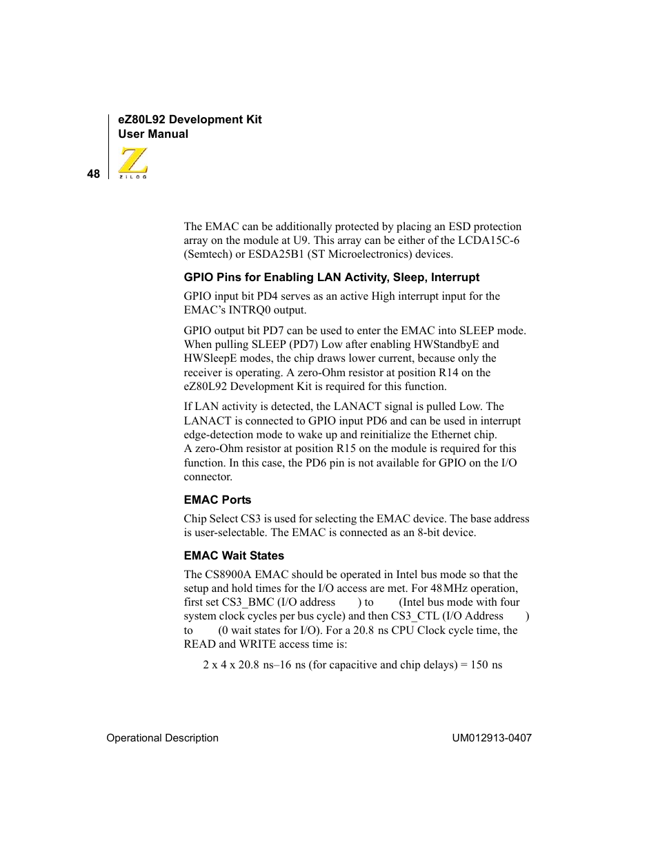 Zilog EZ80L92 User Manual | Page 52 / 86