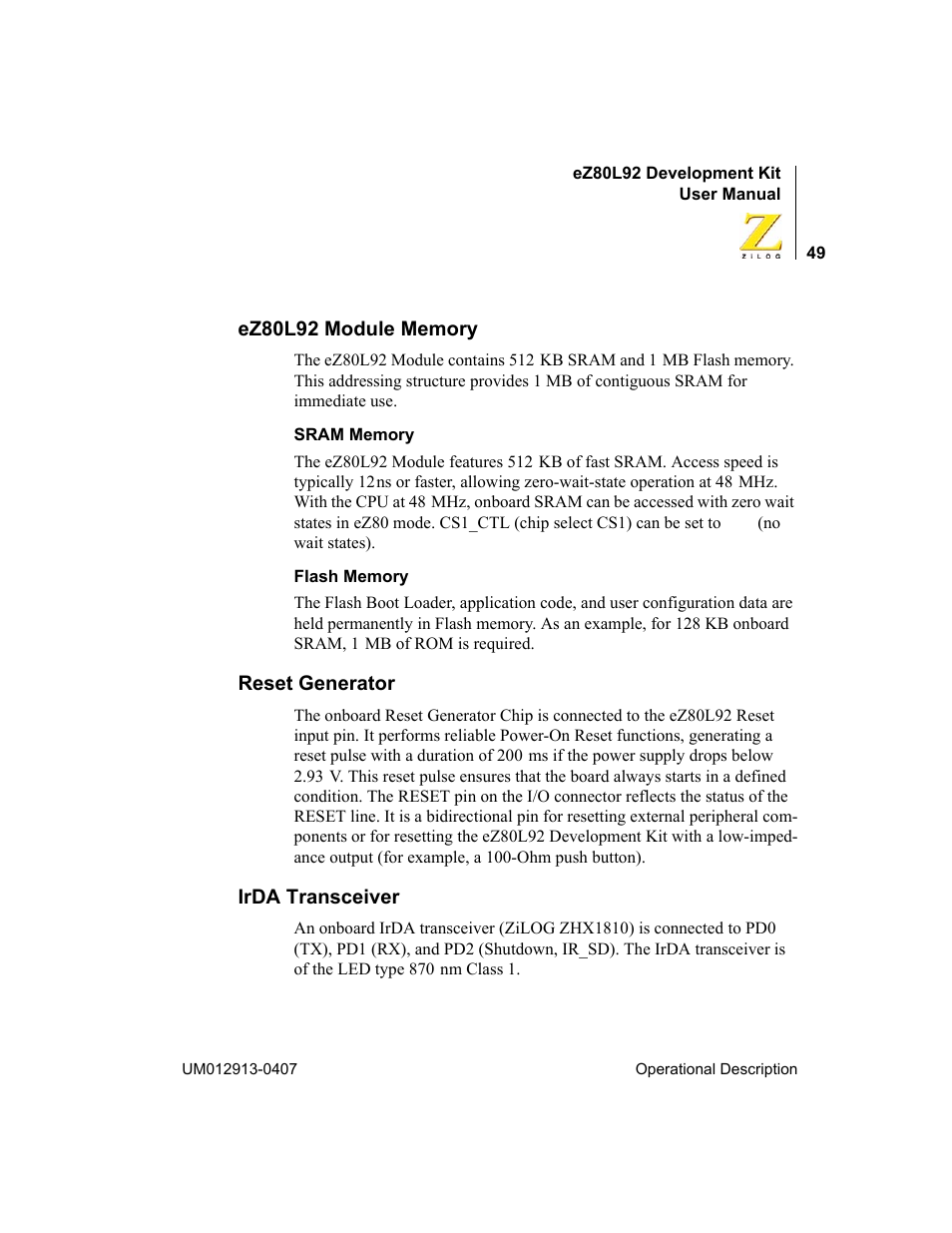 Ez80l92 module memory, Reset generator, Irda transceiver | Ez80l92 module memory reset generator | Zilog EZ80L92 User Manual | Page 53 / 86