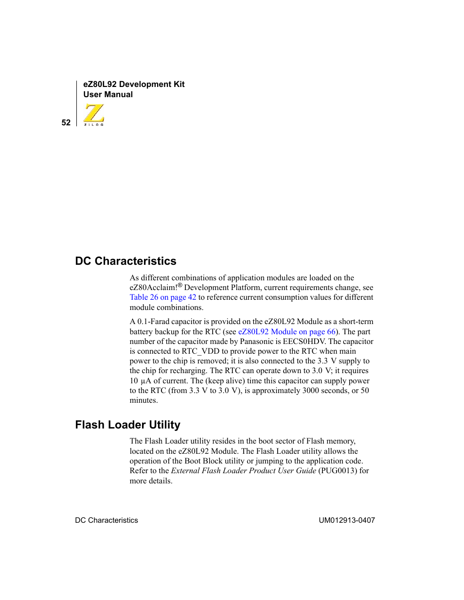 Dc characteristics, Flash loader utility, Dc characteristics flash loader utility | Zilog EZ80L92 User Manual | Page 56 / 86