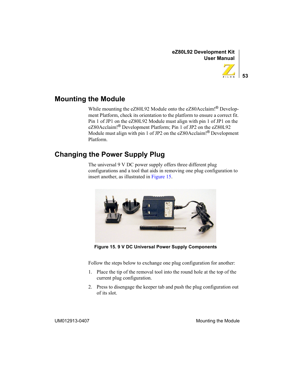 Mounting the module, Changing the power supply plug, Mounting the module changing the power supply plug | Zilog EZ80L92 User Manual | Page 57 / 86