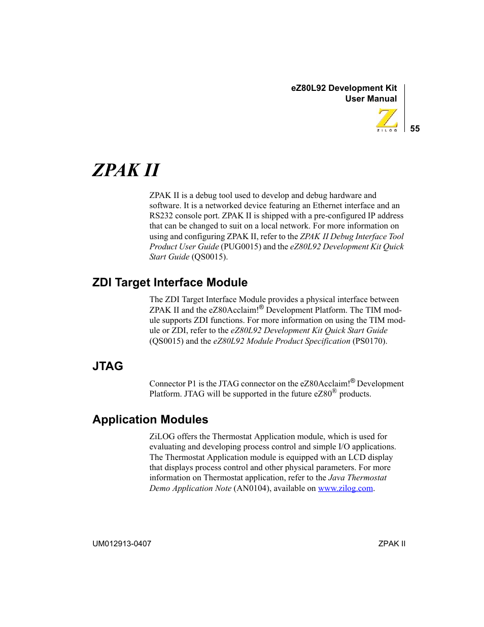 Zpak ii, Zdi target interface module, Jtag | Application modules | Zilog EZ80L92 User Manual | Page 59 / 86