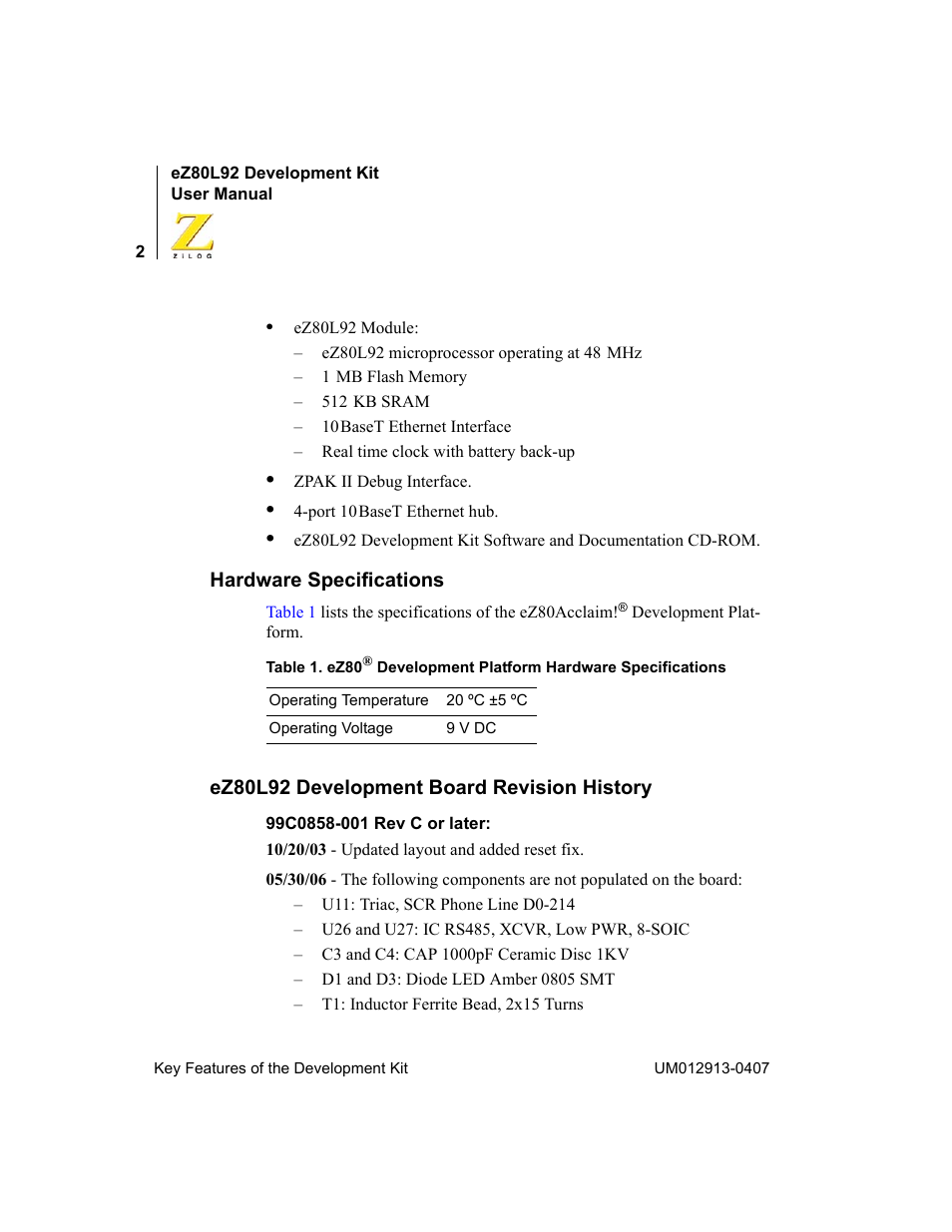 Hardware specifications, Ez80l92 development board revision history | Zilog EZ80L92 User Manual | Page 6 / 86