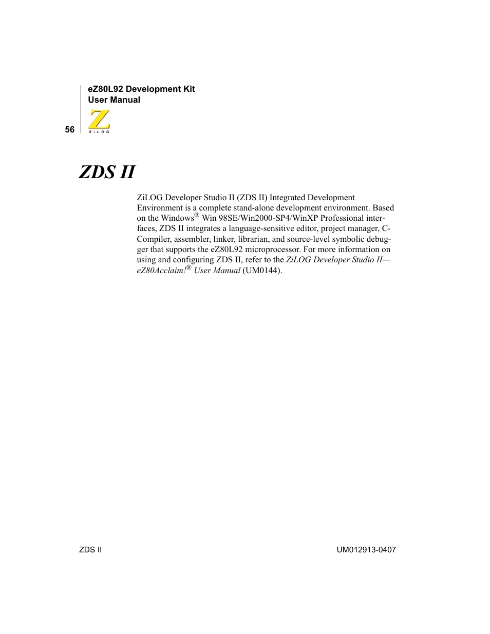 Zds ii | Zilog EZ80L92 User Manual | Page 60 / 86