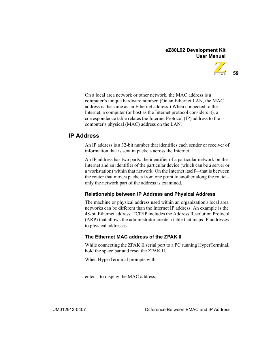 Ip address | Zilog EZ80L92 User Manual | Page 63 / 86