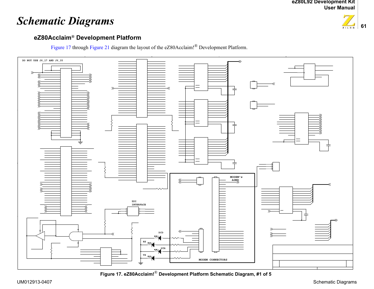 Schematic diagrams, Ez80acclaim® development platform, Ez80acclaim | D in the, Development platform, Figure 17. ez80acclaim, Development platform schematic diagram, #1 of 5 | Zilog EZ80L92 User Manual | Page 65 / 86