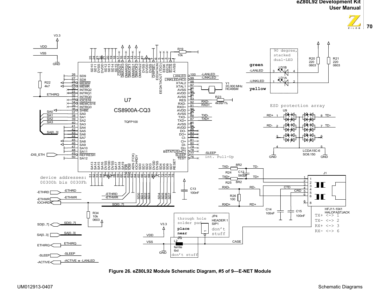 Yellow, Esd protection array green, Don’t stuff | Zilog EZ80L92 User Manual | Page 74 / 86