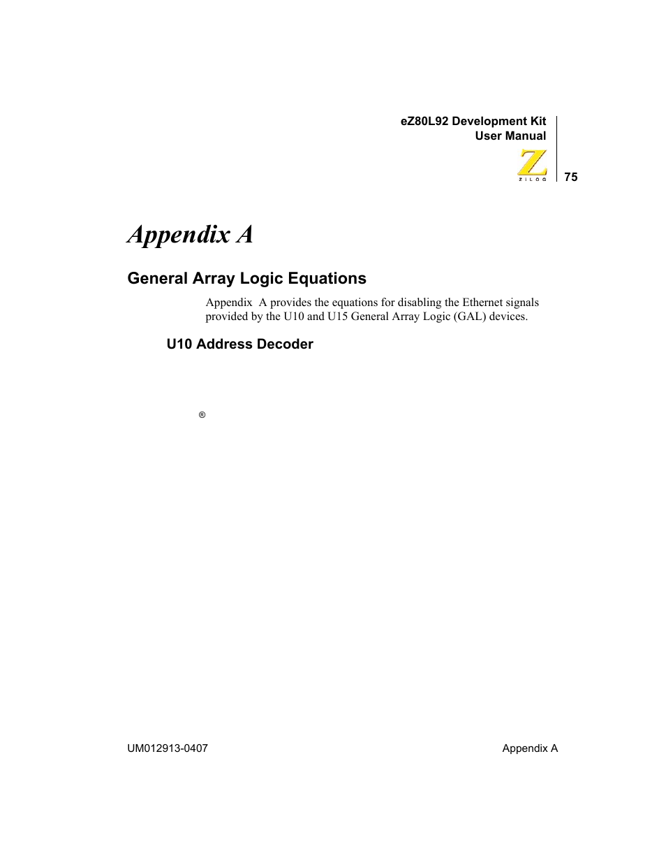 Appendix a, General array logic equations, U10 address decoder | Zilog EZ80L92 User Manual | Page 79 / 86