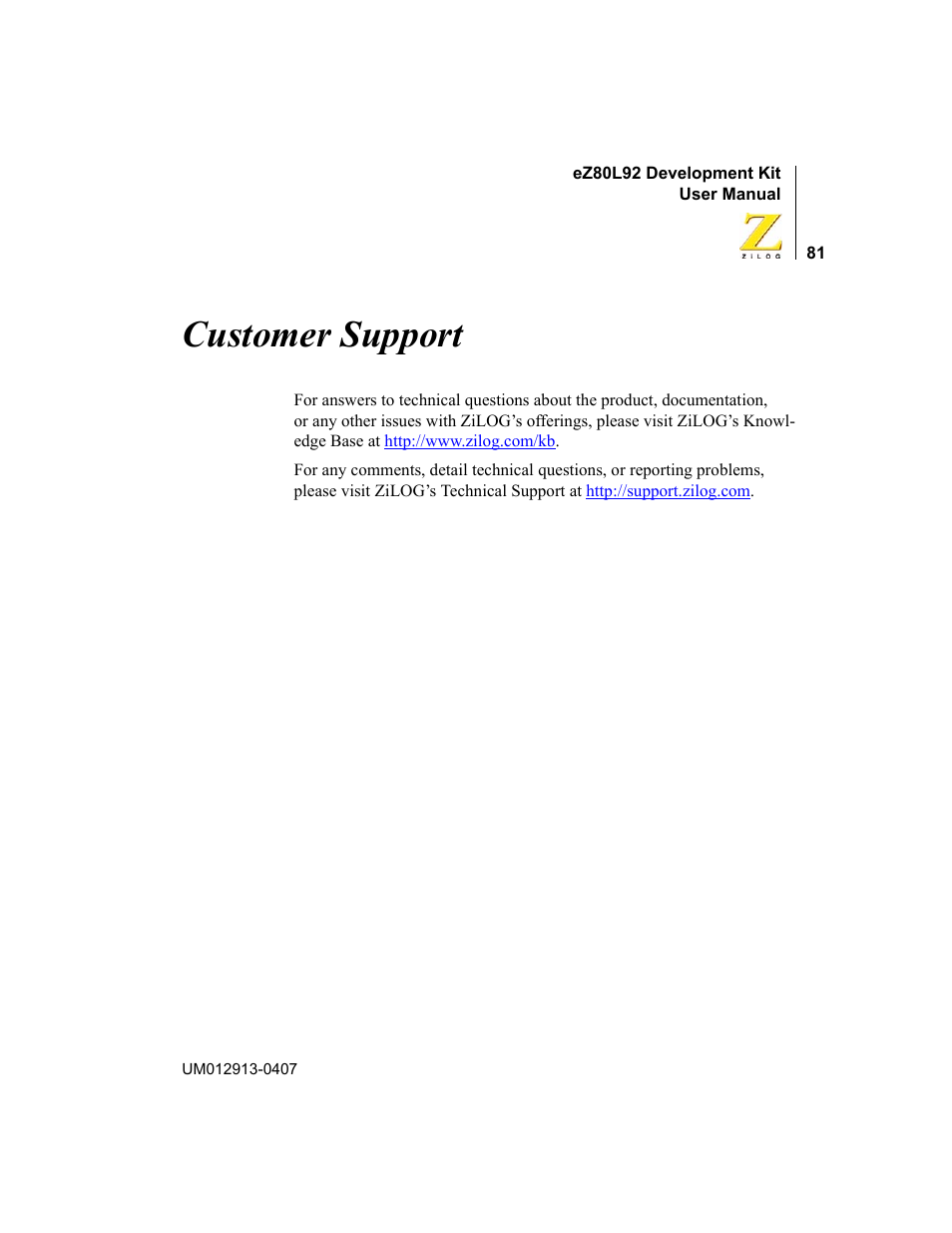 Customer support | Zilog EZ80L92 User Manual | Page 85 / 86