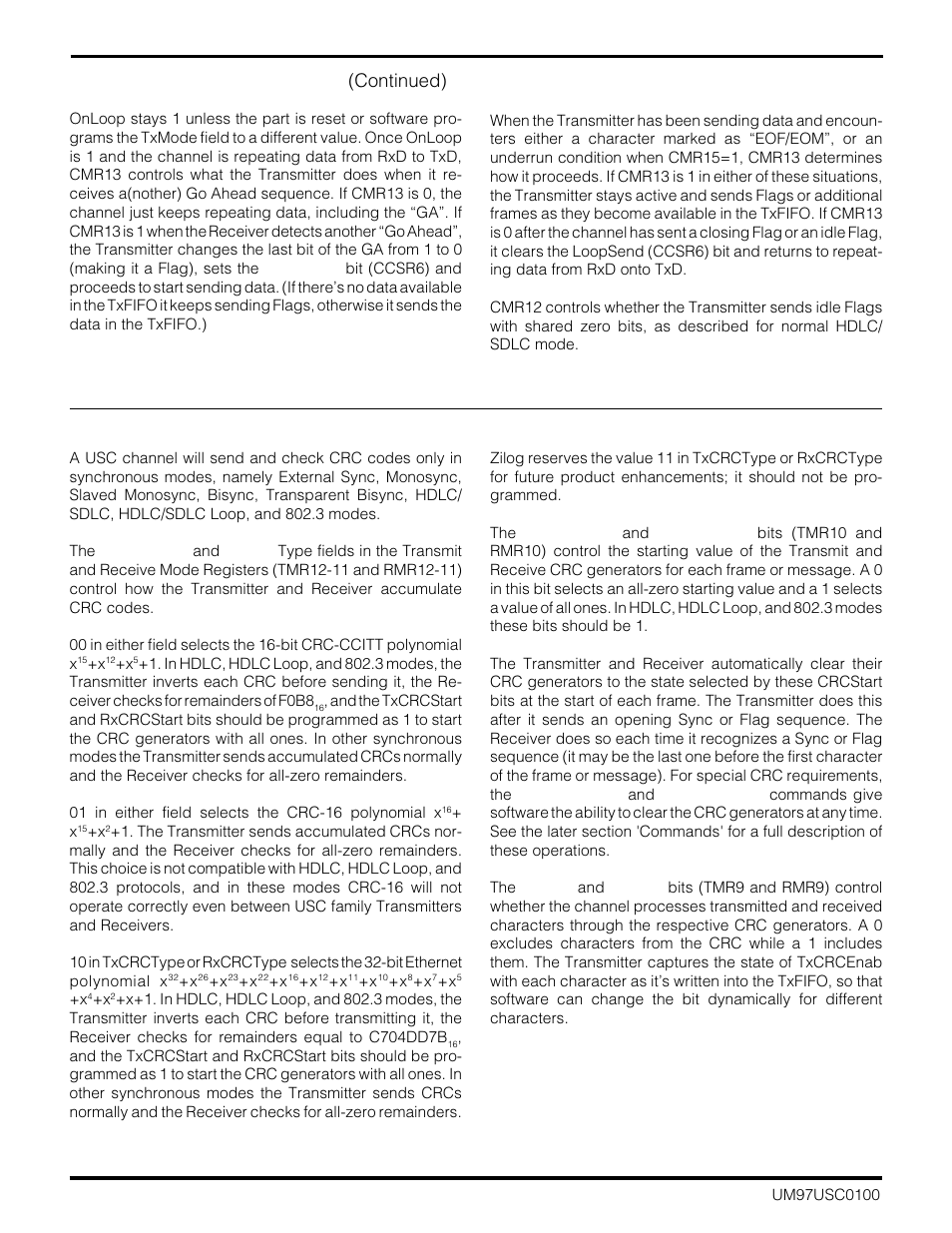 15 hdlc/sdlc loop mode (continued), 16 cyclic redundancy checking (crc) | Zilog Z16C30 User Manual | Page 89 / 208