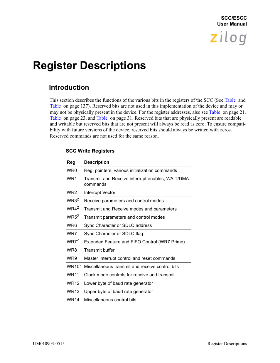 Register descriptions, Introduction, R to | Zilog Z80230 User Manual | Page 143 / 394