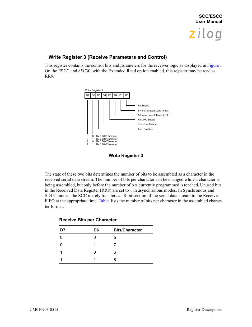 Write register 3 (receive parameters and control) | Zilog Z80230 User Manual | Page 155 / 394