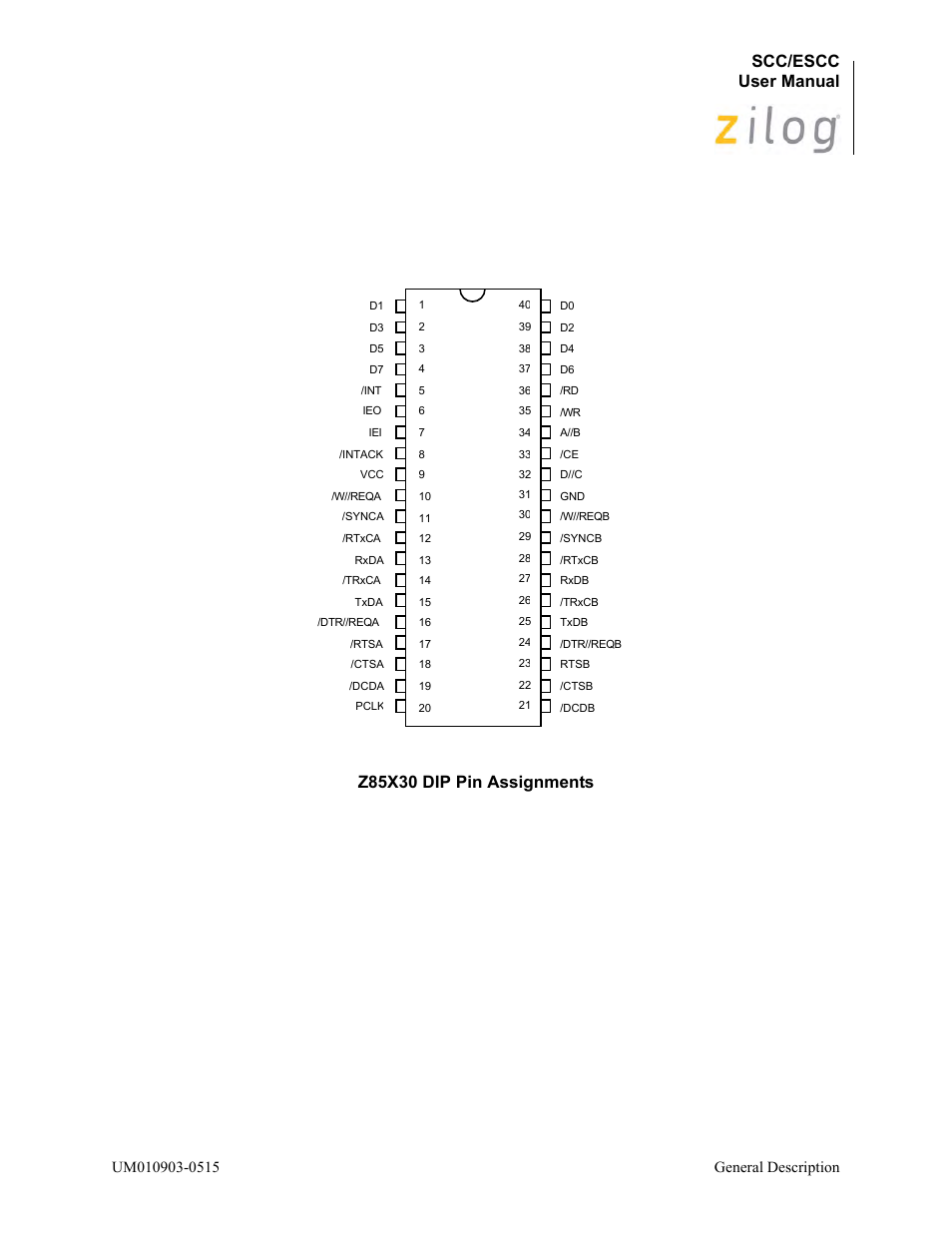 Pin assignments, Figure, Scc/escc user manual | Zilog Z80230 User Manual | Page 17 / 394