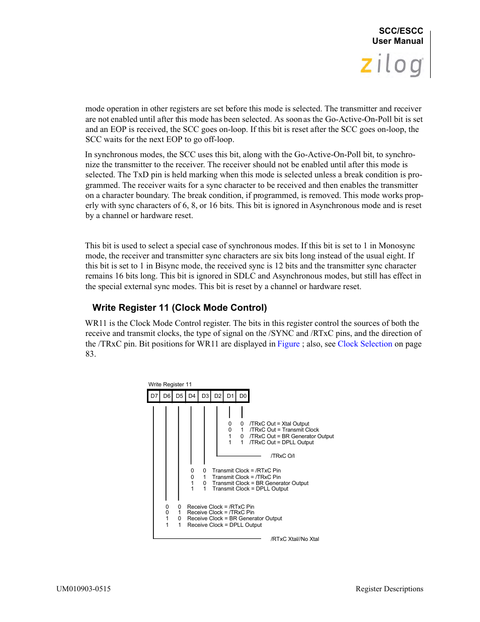 Write register 11 (clock mode control) | Zilog Z80230 User Manual | Page 172 / 394