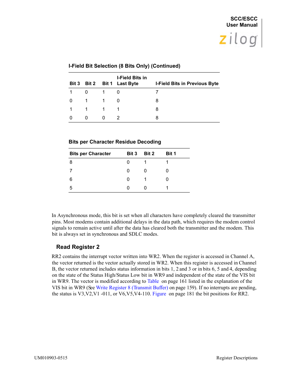 Read register 2, Table | Zilog Z80230 User Manual | Page 187 / 394