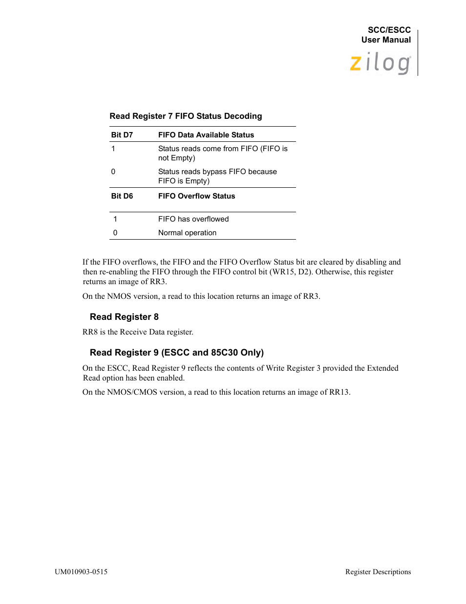 Read register 8, Read register 9 (escc and 85c30 only), N in | Table | Zilog Z80230 User Manual | Page 191 / 394